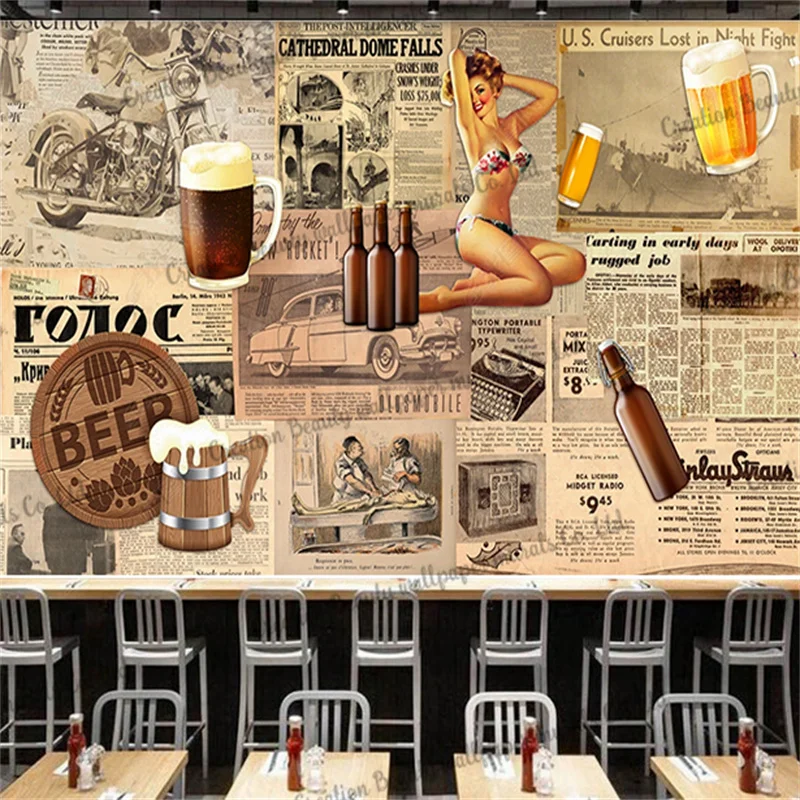 

Vintage Newspaper Beer Beauty Wallpaper Industrial Decoration Mural Bar Snack Bar Restaurant Background Wall Papel Tapiz