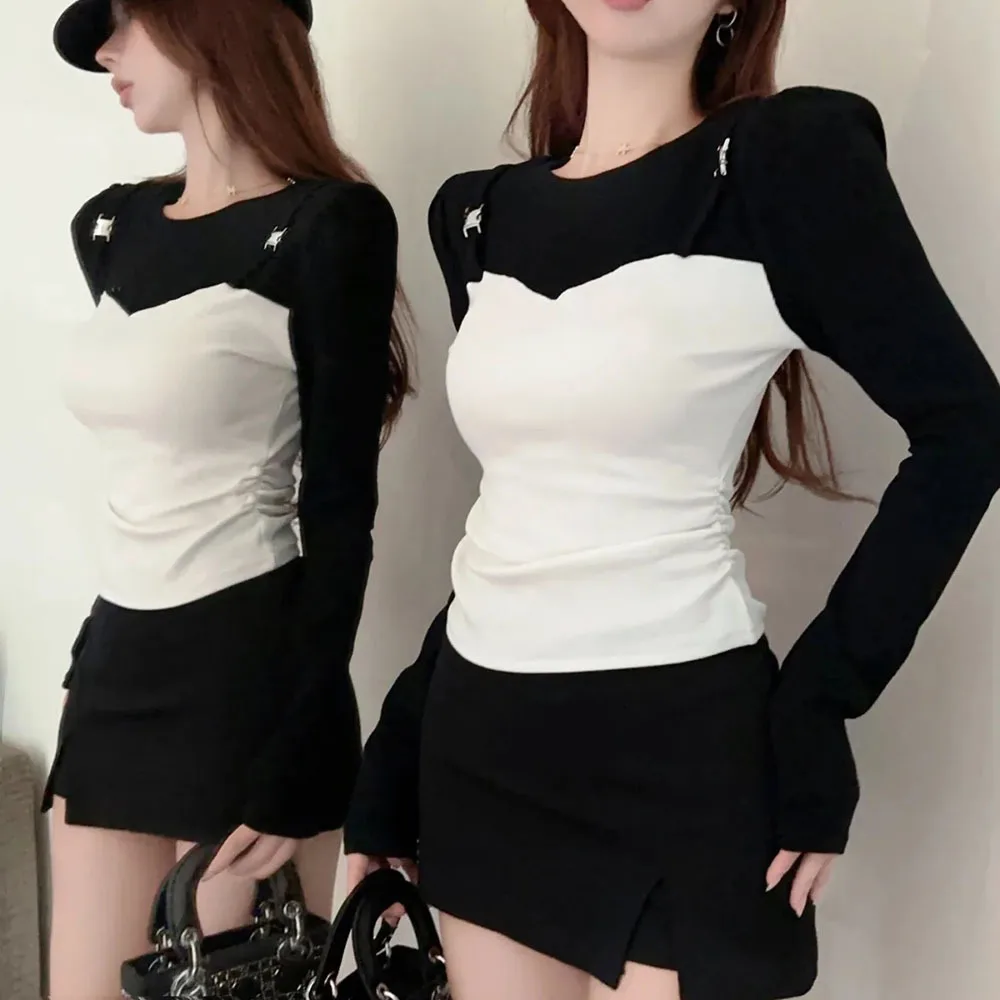 Patchwork Fake 2pcs Long Sleeve T-Shirts Women Design Unique Slim Fit Streetwear Tops Korean Fashion Casual Autumn Chic Tee Lady