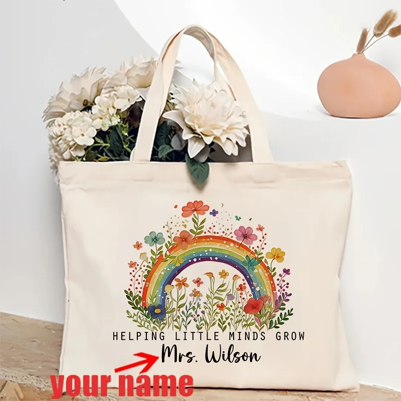 Personalized Teacher Pattern Tote Bag for Women, Canvas Shoulder Bag with Rainbow and Floral Design, Custom Name Teacher's Gifts