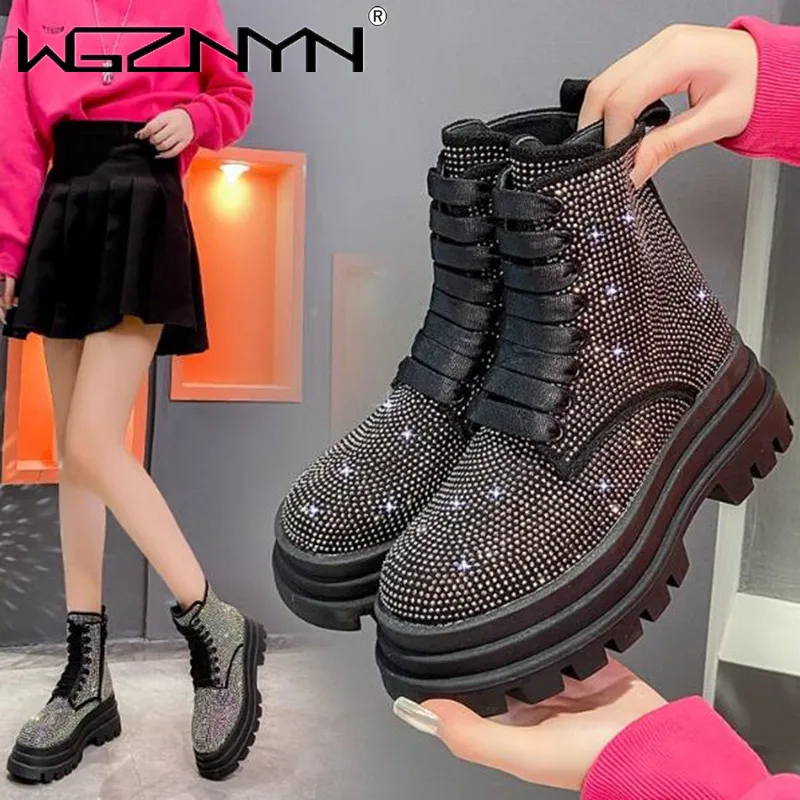 Buty damskie z okrągłym noskiem buty kryształowe Lolita botki-moda damska Rhinestone Rock 2023 kostki gumowe buty zimowe jesienne Med