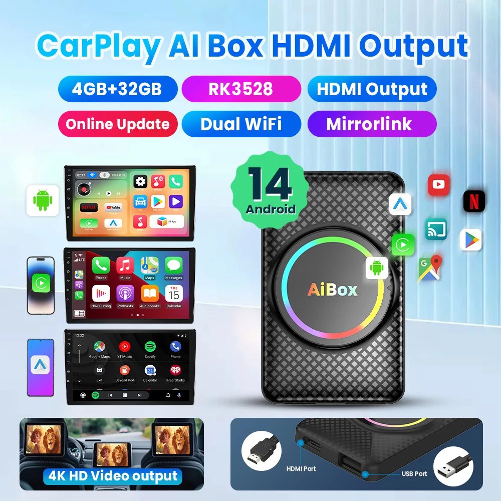 أندرويد 14 CarPlay HDMI مخرج Ai Box لاسلكي CarPlay أندرويد أوتو لنيتفليكس يوتيوب لأودي بنز مازدا تويوتا VW