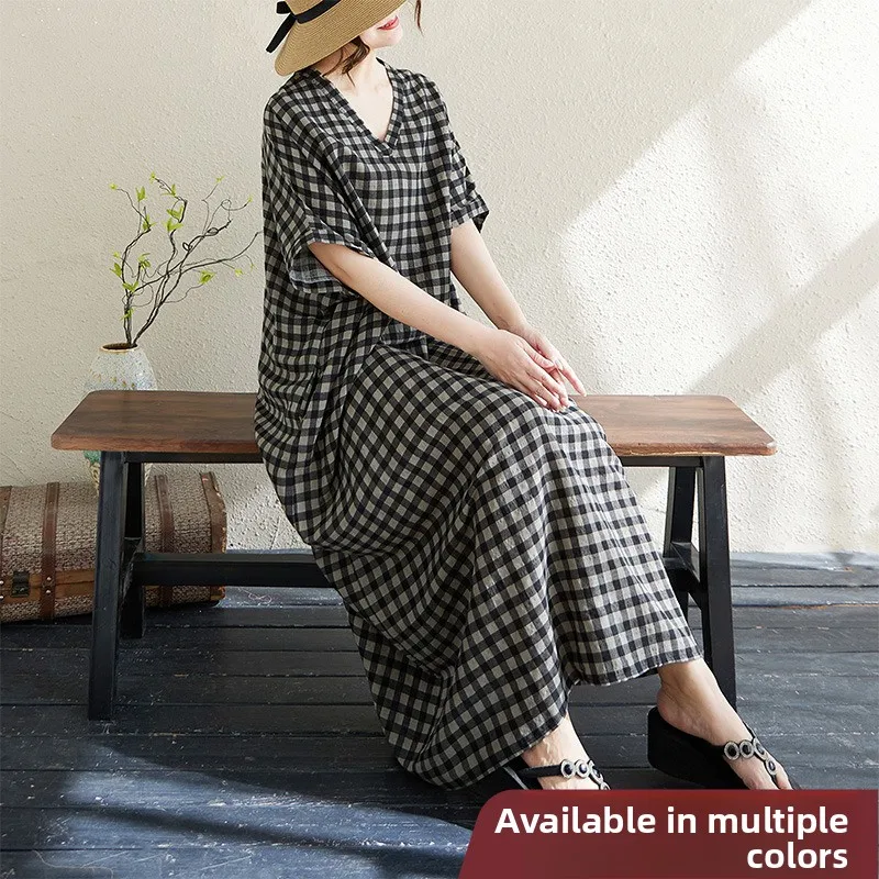 

Large Size Loose Cotton Linen Beach Skirt V-Ne Plaid Holiday Sle Summer Long Dr Retro Meat Concealing Robe
