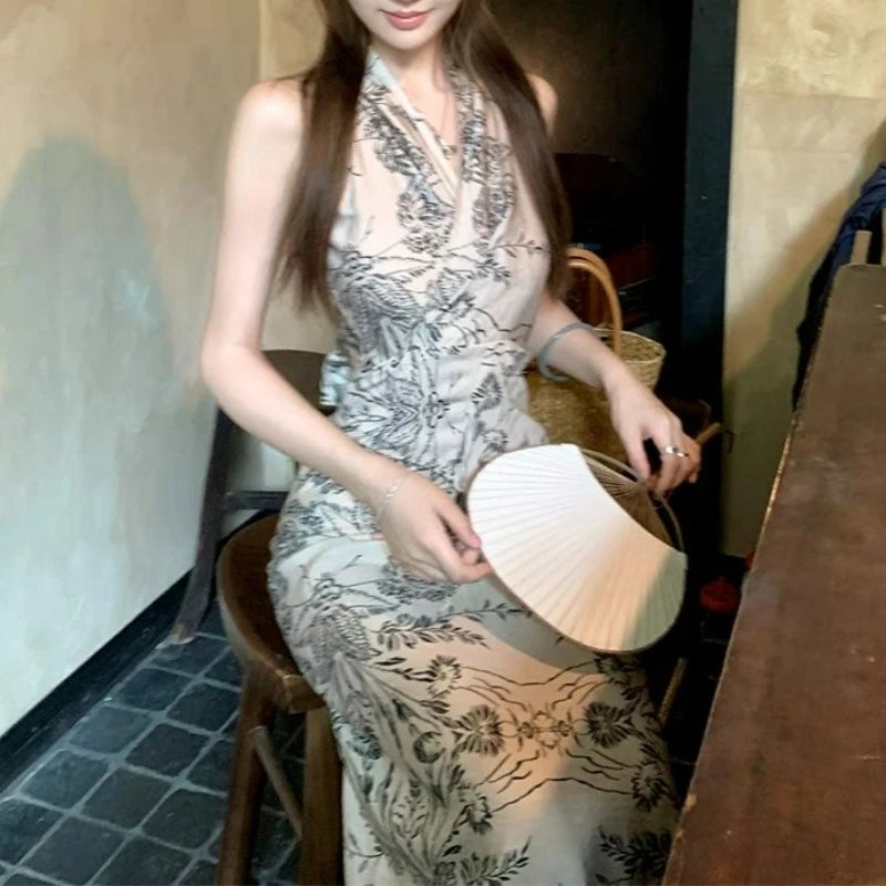 

Cold Printing Cross Strap Neck Sleeveless Dress Ink Temperament Comfortable Fashion Exquisite High-end Elegant and Skin-friendly