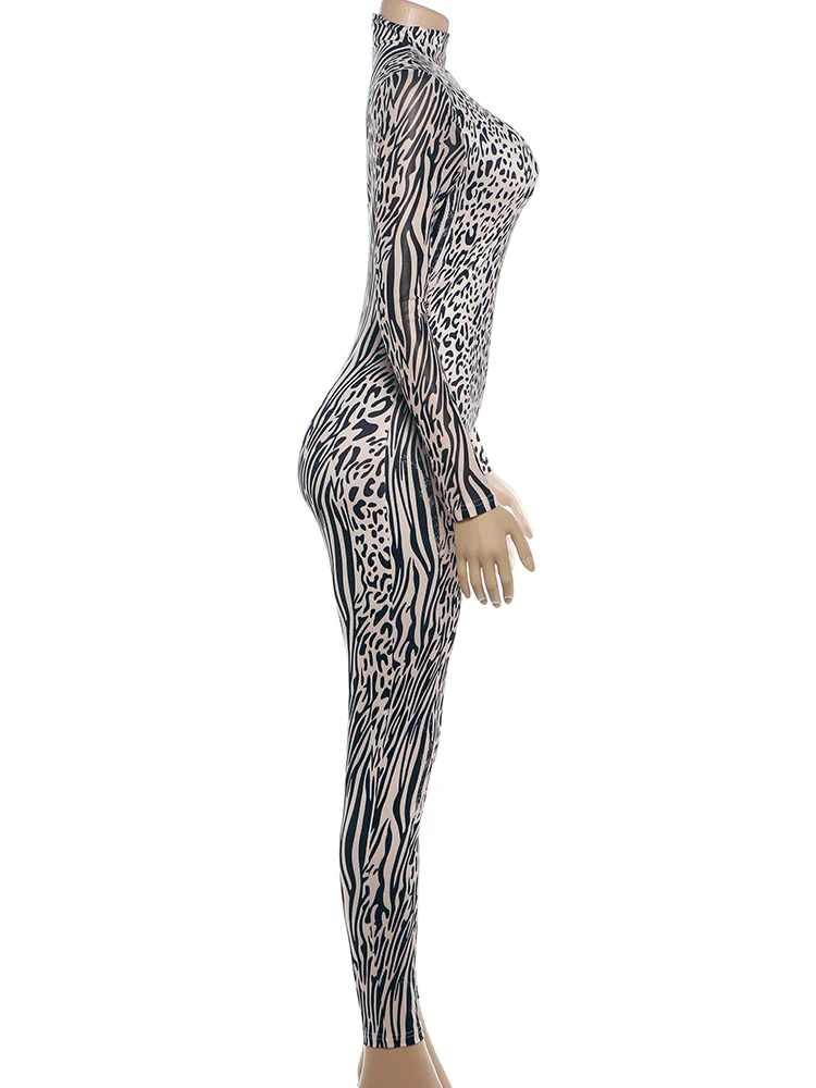 Weird Puss Sexy Mode-Jumpsuits für Damen, Leopardenmuster, Rollkragen, lange Ärmel, figurbetont, pfirsichfarben, heißer High-Street-Overall – Detail 4