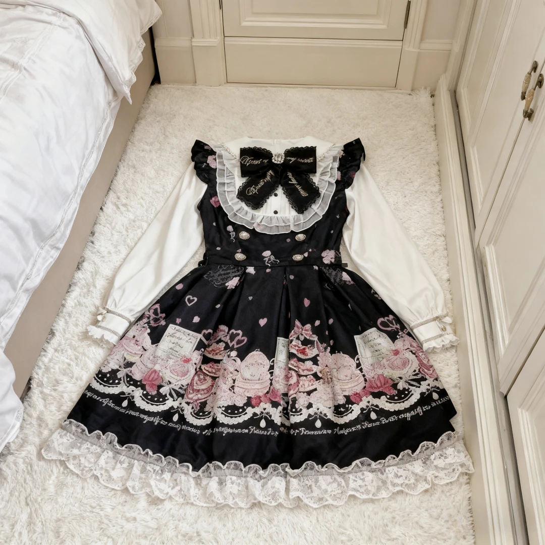 اليابانية لوليتا فستان المرأة القوس السراويل فستان مجموعة الحلو كم طويل مطبوعة خمر فساتين حفلة Kawaii تأثيري Y2k وتتسابق