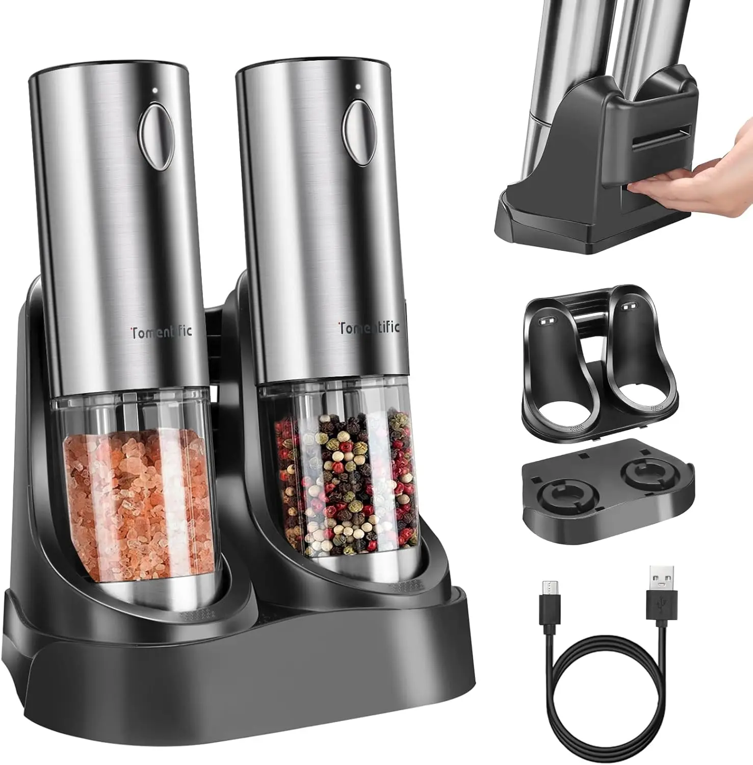 

[Upgraded Larger Capacity]Electric Salt and Pepper Grinder Set Tomentific, Automatic Pepper Mills with Easy-to-Carry Dual