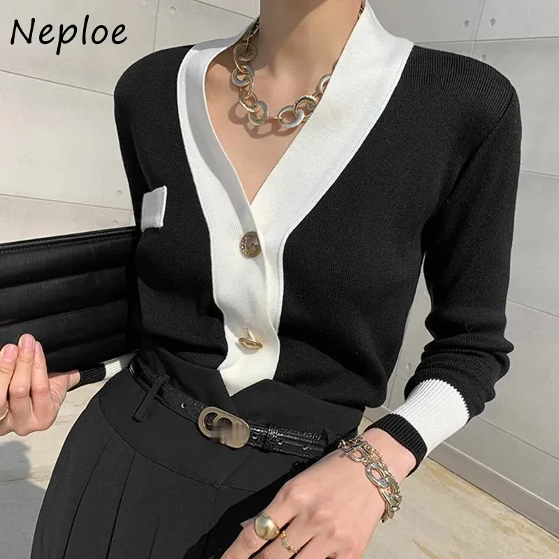 Neploe Hit Color Patchwork Knit Pullover Sweater Women V Neck Long Sleeve Pull Femme Spring 2024 New Ol Sueter Feminino