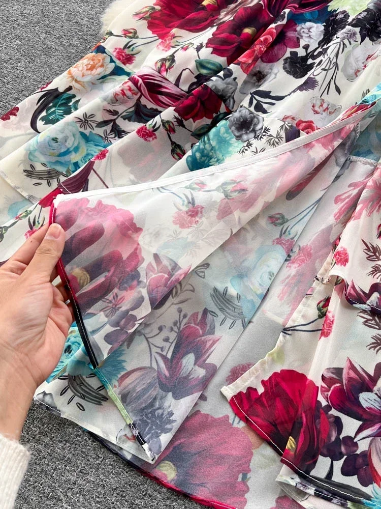 French Vintage Gorgeous Elegant Dress Women Chiffon Cascading Ruffles Deep V Neck Dress Female Floral Print Boho Robe Ball Gown