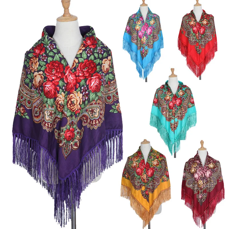 Bufanda de flores ucranianas de marca de lujo de 130x130cm, chal de estilo étnico, bufanda cuadrada grande estampada, pañuelo para la cabeza, manta cálida a la moda