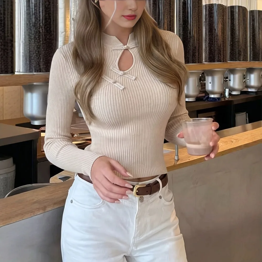 2026 New Stand-up Collar Buckle Long-sleeved Knitted Sweater Autumn and Winter National Style New Chinese Style Fashionable