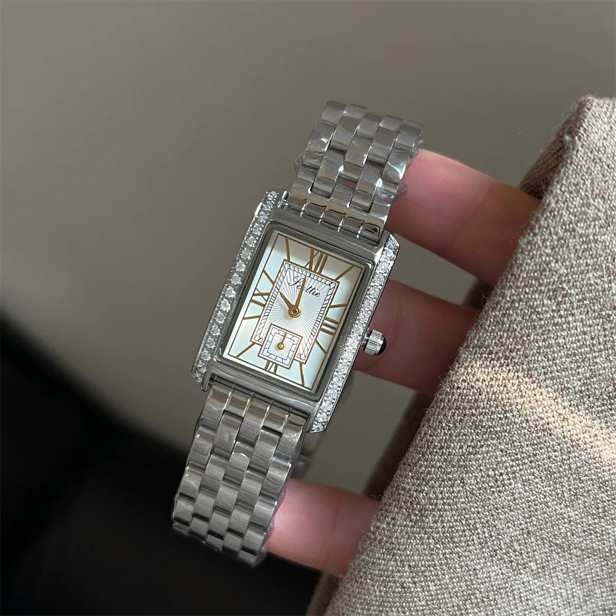 Scottie Square Women's Watches Elegant Rhinestone Bezel Silver Stainless Steel Bracelet Fashion Quartz Dress Watch For Ladies