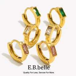 E.B.belle Dainty Cute Girl's Mini Size Hoop Earrings Square Shape 3A Zircon Stone Gold PLated Stainless Steel Huggies Earring
