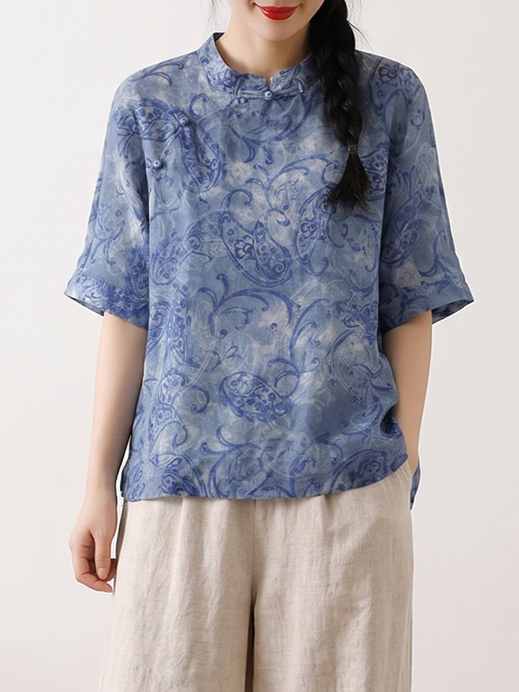 

Summer Commute Style Loose Fit Short Sleeve Printed Shirt Women's Lightweight Breathable Cotton Stand Collar Pullover Top