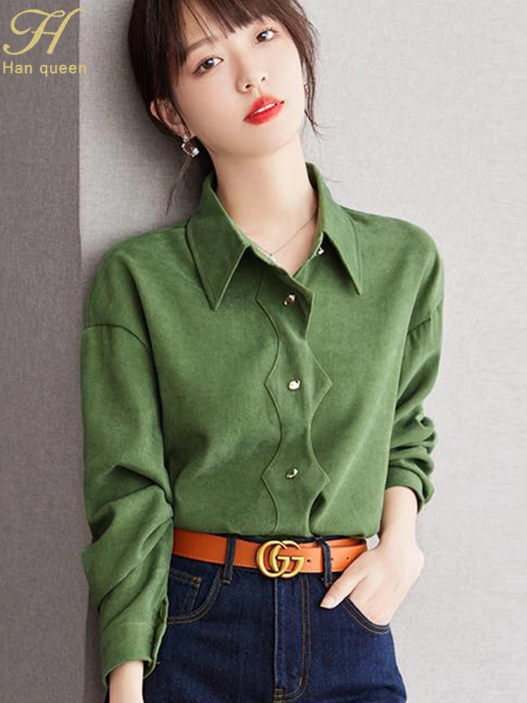 H Han Queen 2024 Autumn Elegant Single-Breasted Simple Oxford Cloth Blouse Womens Loose Casual Green Vintage Shirts Office Tops