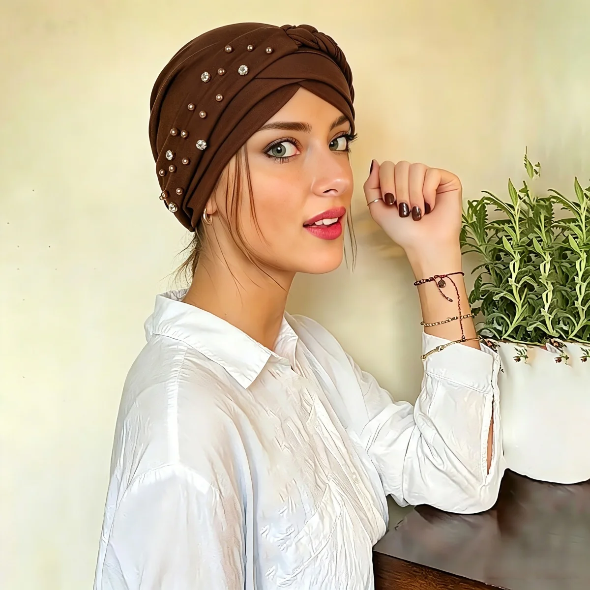 

Women Lady Beads Muslim Braid Head Turban Wrap Cover Cancer Chemo Islamic Arab Cap Hat Hair Loss Bonnet Beanies Fashion