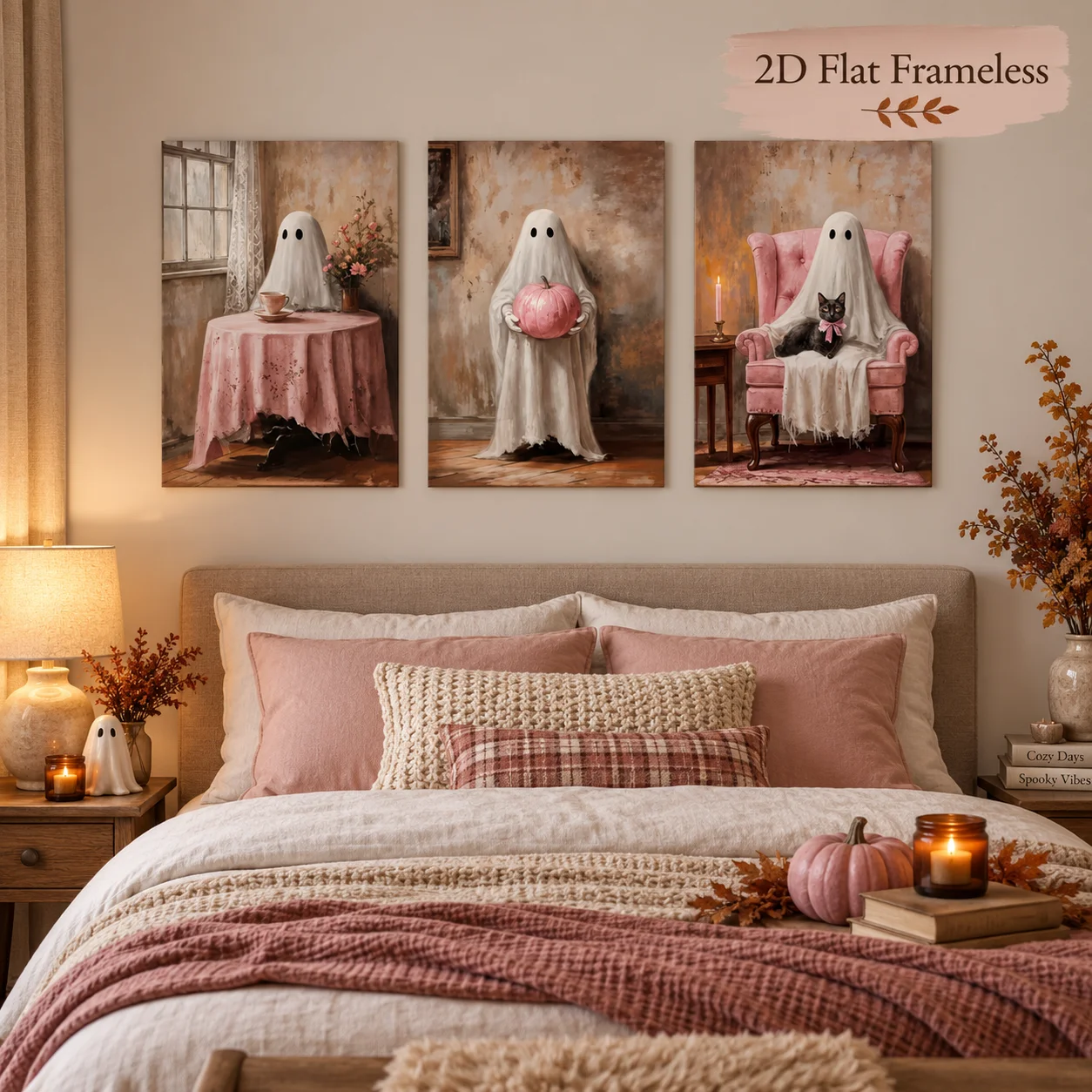 3 pieces of retro ghost art canvas posters, pink Halloween theme, classic indoor scenes, soft pink color tone, 2D flat printing