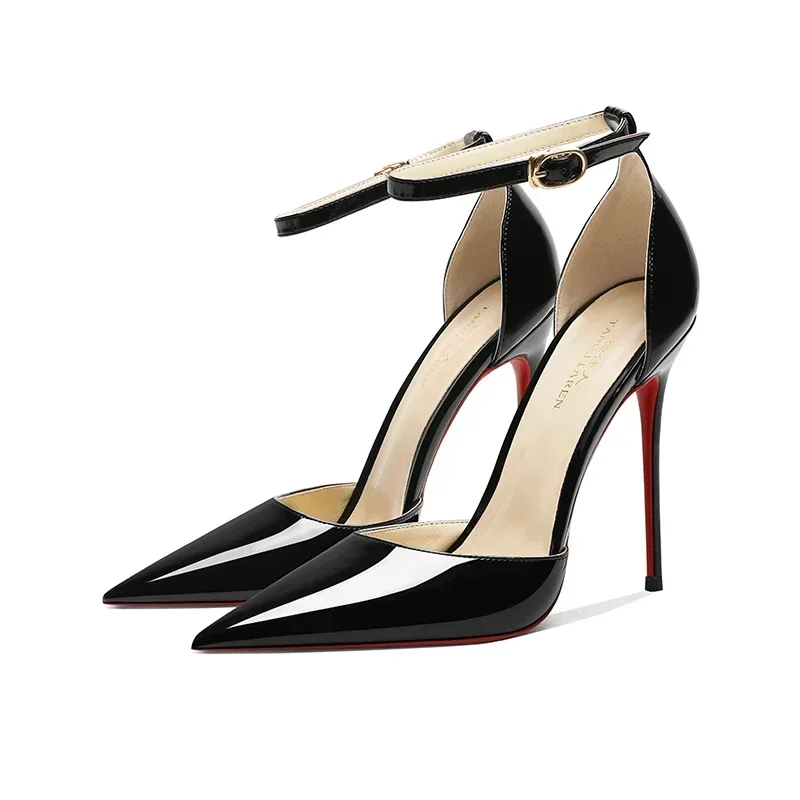 2024 Black professional high heels, women\'s slim heels, pointed toe, sexy summer new red sole, one line with toe sandals