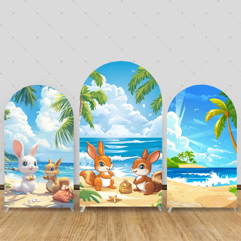

Arched Background Cute Rabbit Beach Girl Birthday Party Baby Shower Background Double sided Arched Cover Studio Prop