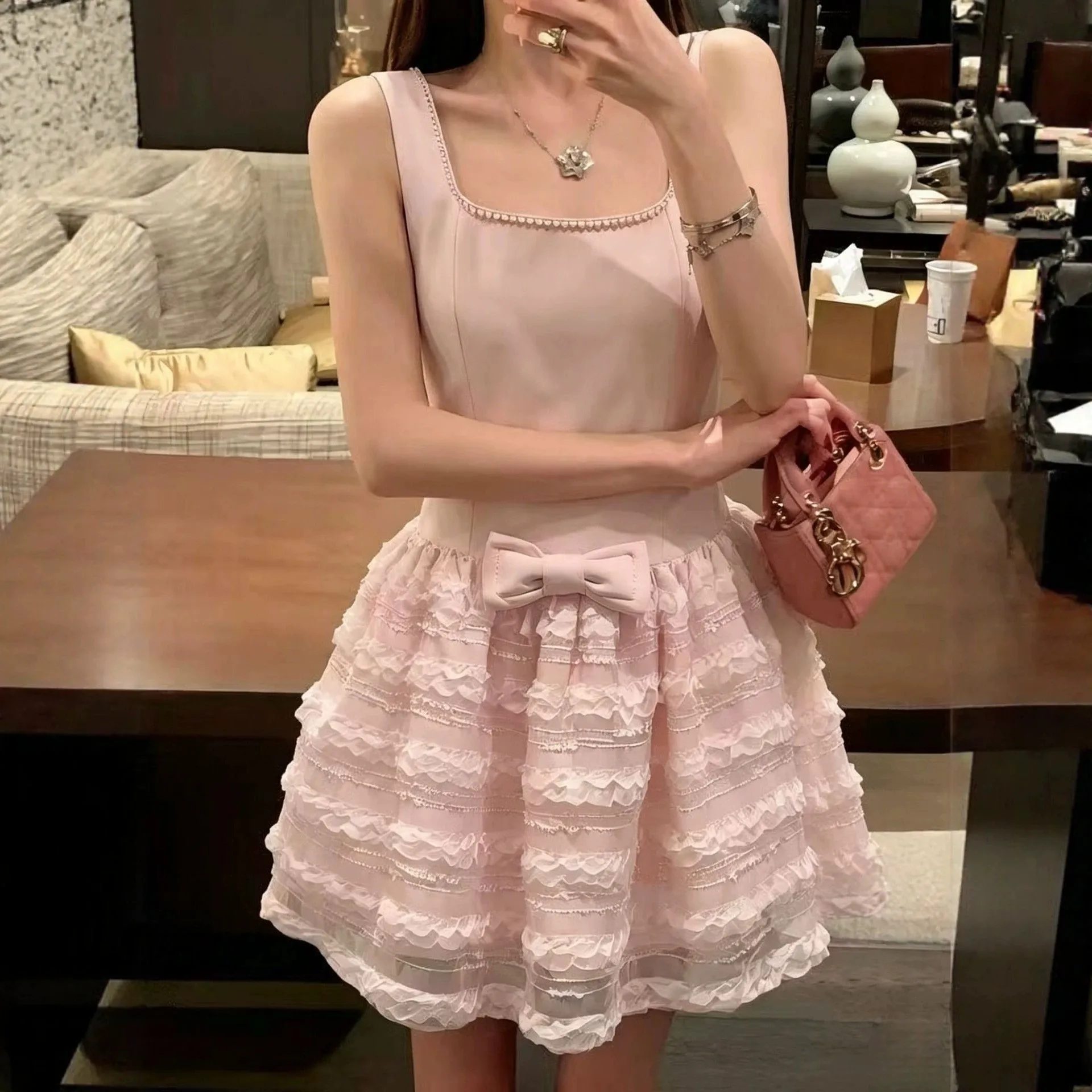 Sleeveless Bow Dress with Ball Gown Silhouette Sweet Mini Length Single Zipper Closure Fresh and Sweet Women Summer Dress