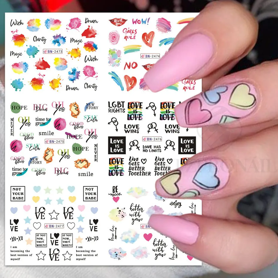 12pcs Pink Love Nail Art Water Sticker Combo Cute Young Girl Candy Cartoon Transfer Decals Tips Watermark Slider Manicure SLBN