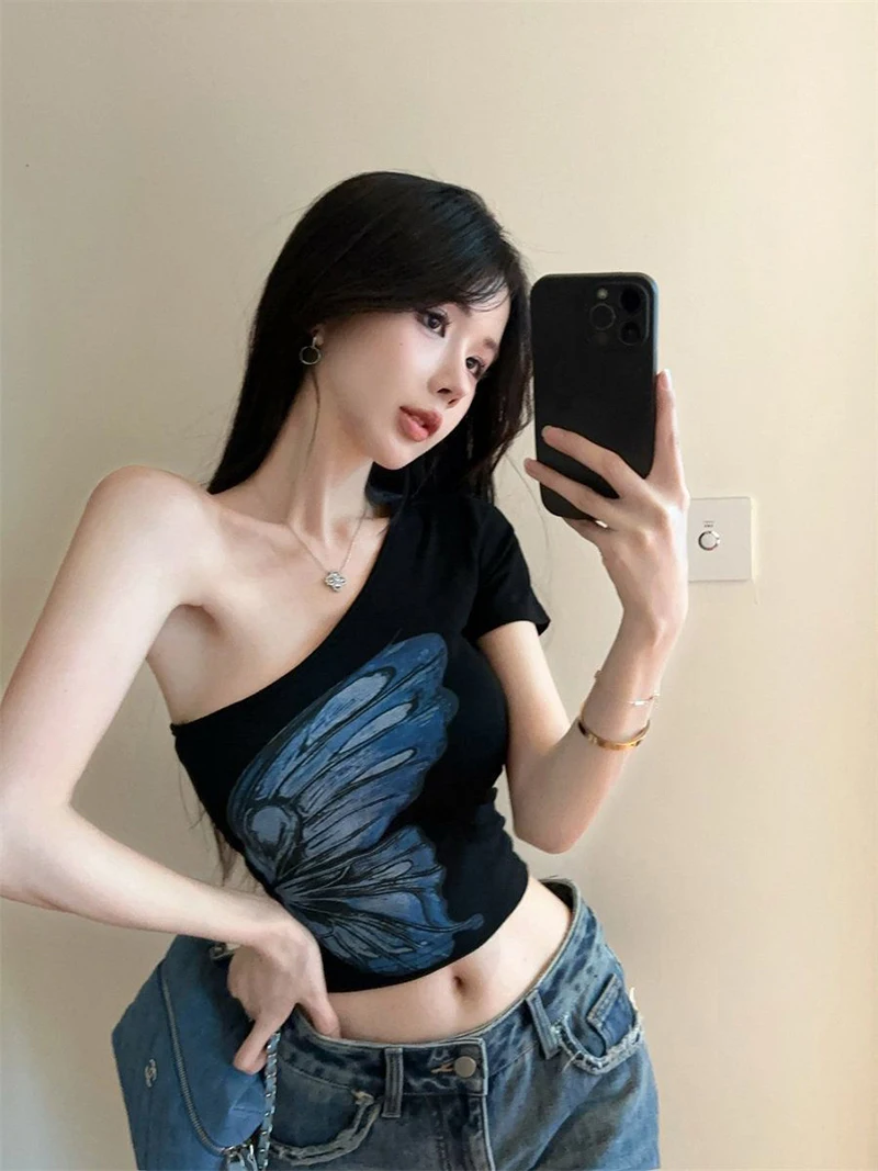 Spicy Girl ort Sve T-Shirt Damen Slim Fit Print Asymmetrical Shoulder Pure Desire Frühling Sommer Neu