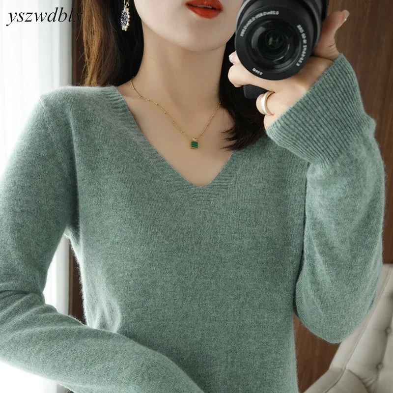 YSZWDBLX Pullover Frauen Casual V-ausschnitt Solide Jumper Pullover Frühling Herbst Frauen Pullover Winter Warme Strickwaren Bodenbildung Shirt