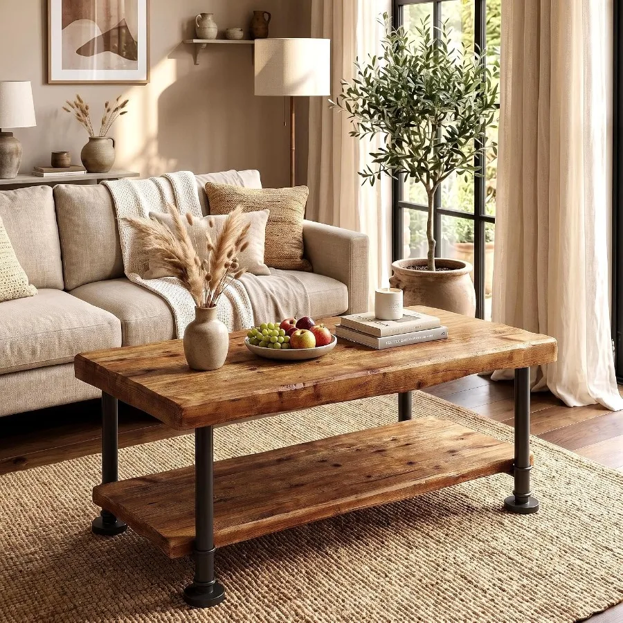 47 Inch Solid Wood Coffee Table with Live Edge for Living Room, Natural Wood Tone, Rustic Charm and Unique Grain Pattern