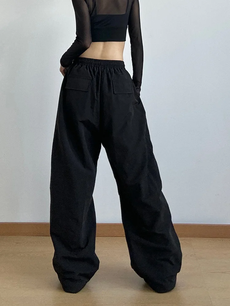 JHJN New Women Hip-Hop Pants Wide Leg Pants Solid Casual Quick Dry Trousers Straight Sweatpant Drawstring Pocket Jazz Britches