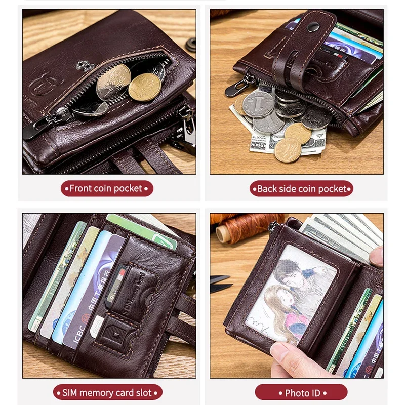 Genuine Leather Man Wallet Coin Purse Small Mini Card Holder Chain PORTFOLIO Portomonee Male Walet Pocket