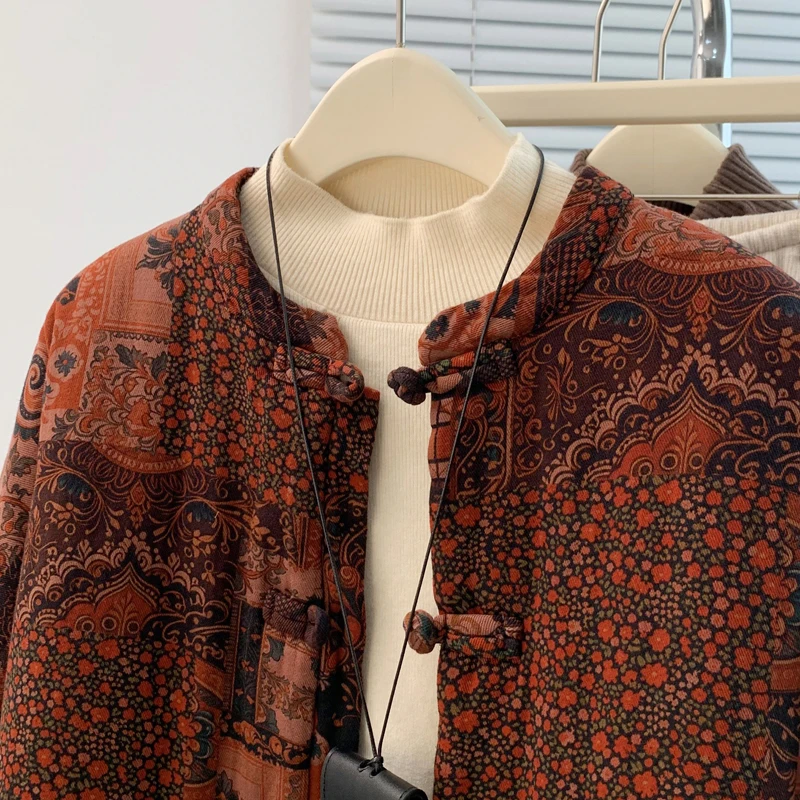 Retro Chinese Sle Dames Katoen Jaet Winter Nieuwe Grote Maat Losse Knoop Katoen Warmte Lichtgewicht Bovenkleding