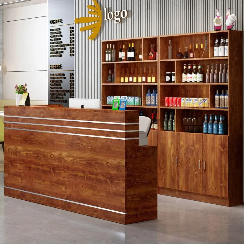 Vintage Commercial Bar Counter Small Restaurant Checkout Desk Wine Cabinet Hotel Front Table for Store Catering Service