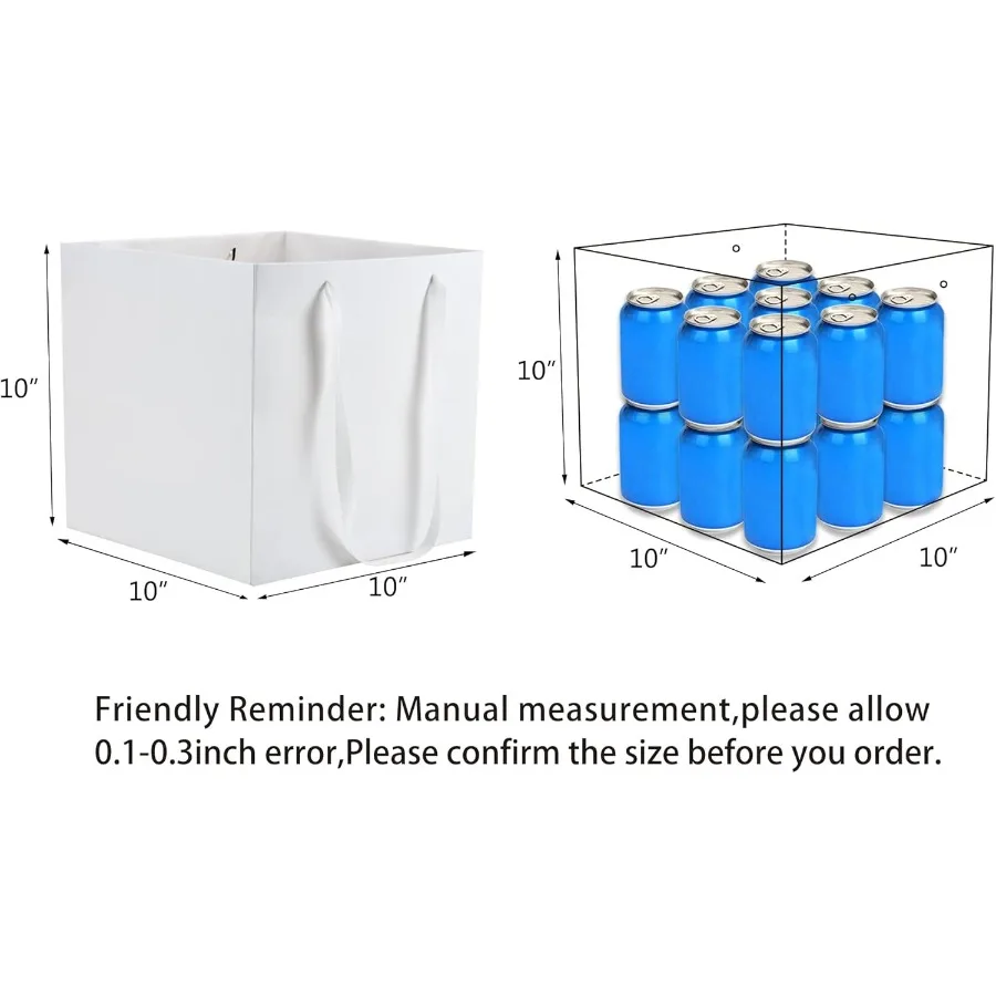 Sacos de papel branco com alças, sacos de presente em massa, 12 pacotes, tamanho quadrado grande, 10x10x10 polegadas, kraft, ideais para lembrancinhas, presentes de aniversário
