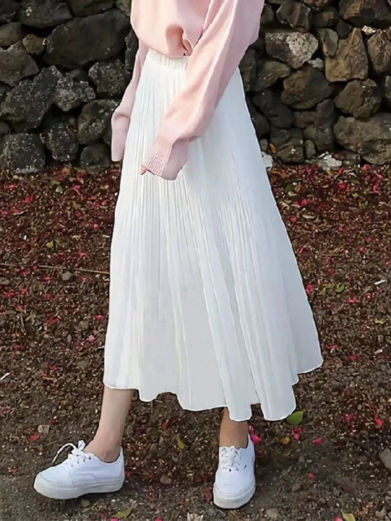 

2024 New Women's Half length Skirt A-line Skirt White Chiffon High Waist Slimming Mid length Pleated Skirt Spring Autumn VHJL