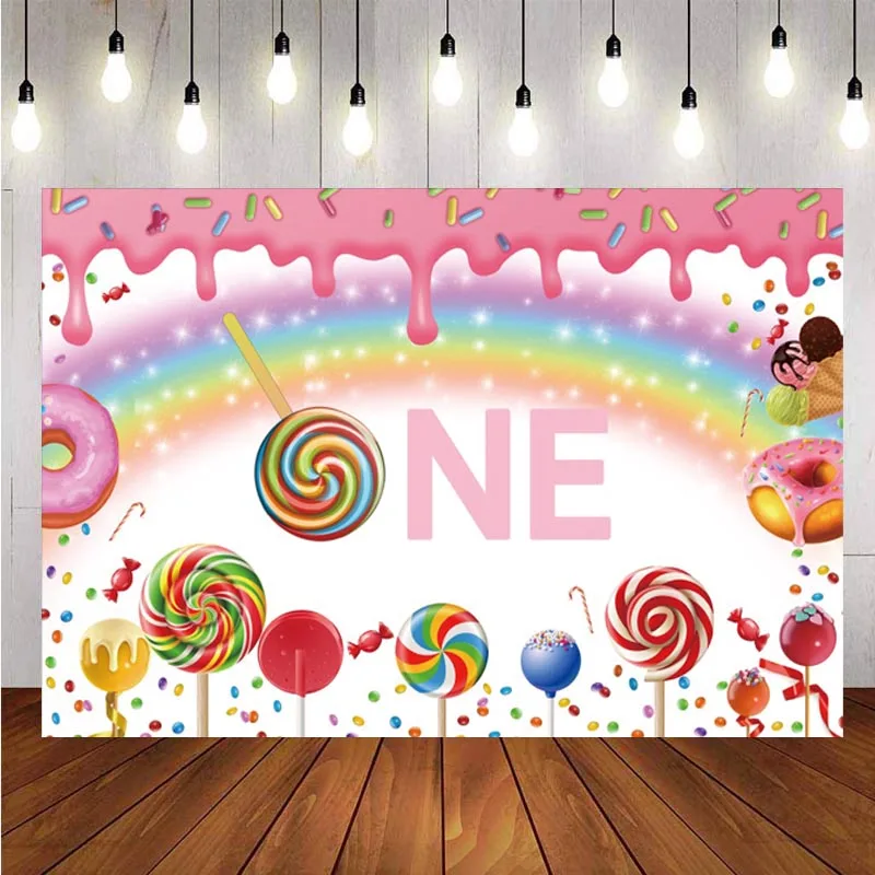 Lollipop Donuts Photo Backdrop Ice Cream Candy Rainbow Baby Shower Girls 1st Birthday Party Photography Background Banner Prop