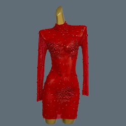 Luxury Sexy Red Rhinestones Sparkly See Through Mini Dress Evening Party Club Fashion Performance Gowns Stage Wear Guibin