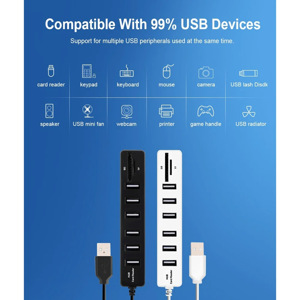 Adaptador expansor de 6 puertos USB 2,0, divisor multiusb 2,0, lector de tarjetas SD/TF para PC, blanco