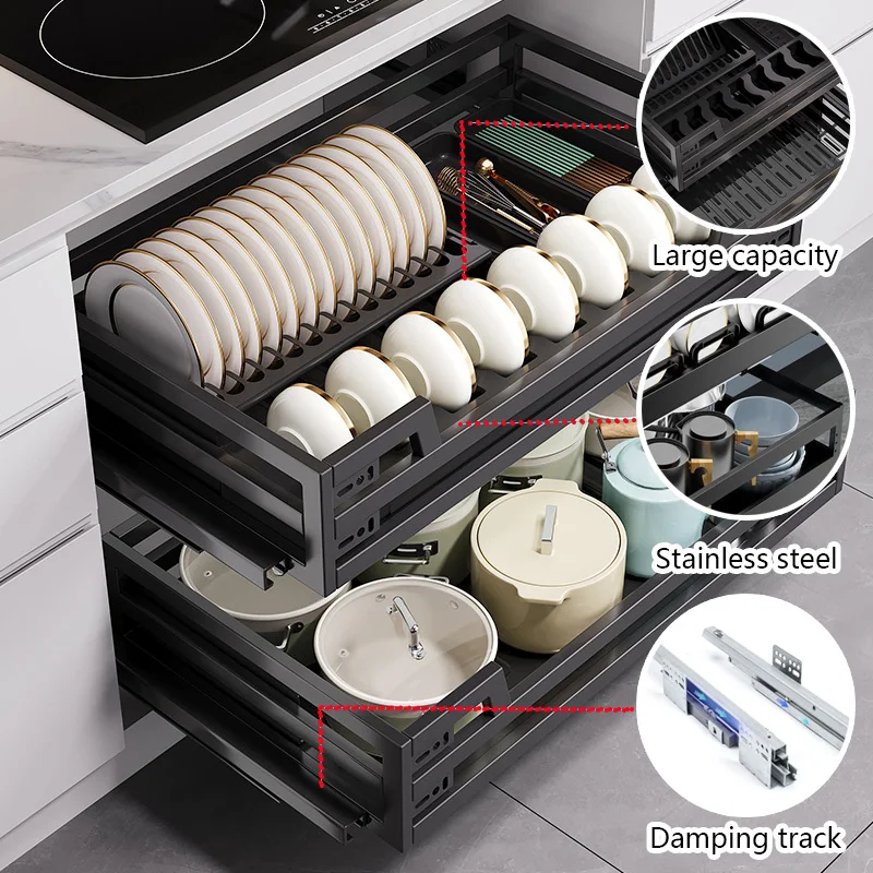 2-Tier Stainless Steel Cabinet Organizer with Pull-Out Basket Built-In Dish Rack and Dish Drying Rack