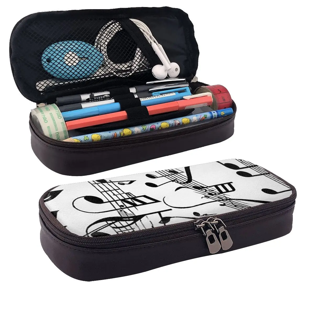 Abstract Piano Keys With Musical Notes Leather Pencil Cases Pen Holder Stationery Supplies Large Storage Pen Box Pencil Bag