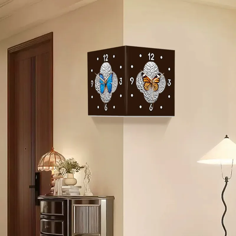 Medieval corner, double-sided wall clock creativity, colorful butterfly corner clock for home use, retro art clock hanging