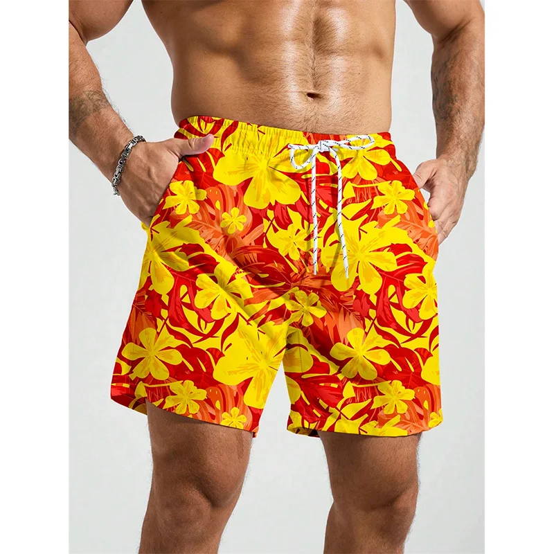 Fashion Vibrant Floral Patterns 3D Print Beach Shorts Men's Clothing Casual Hawaiian Breathable Drawstring Men Board Shorts
