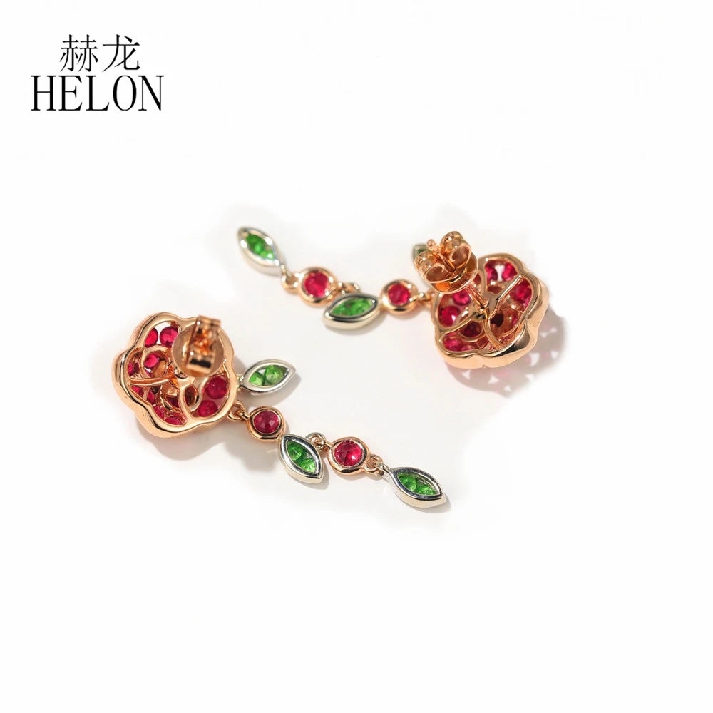 HELON Solid 14k Rose Gold Flower Ruby Drop Earrings Set Tsavorite Gemstone Studs Earrings Anniversary Exquisite Trendy Jewelry