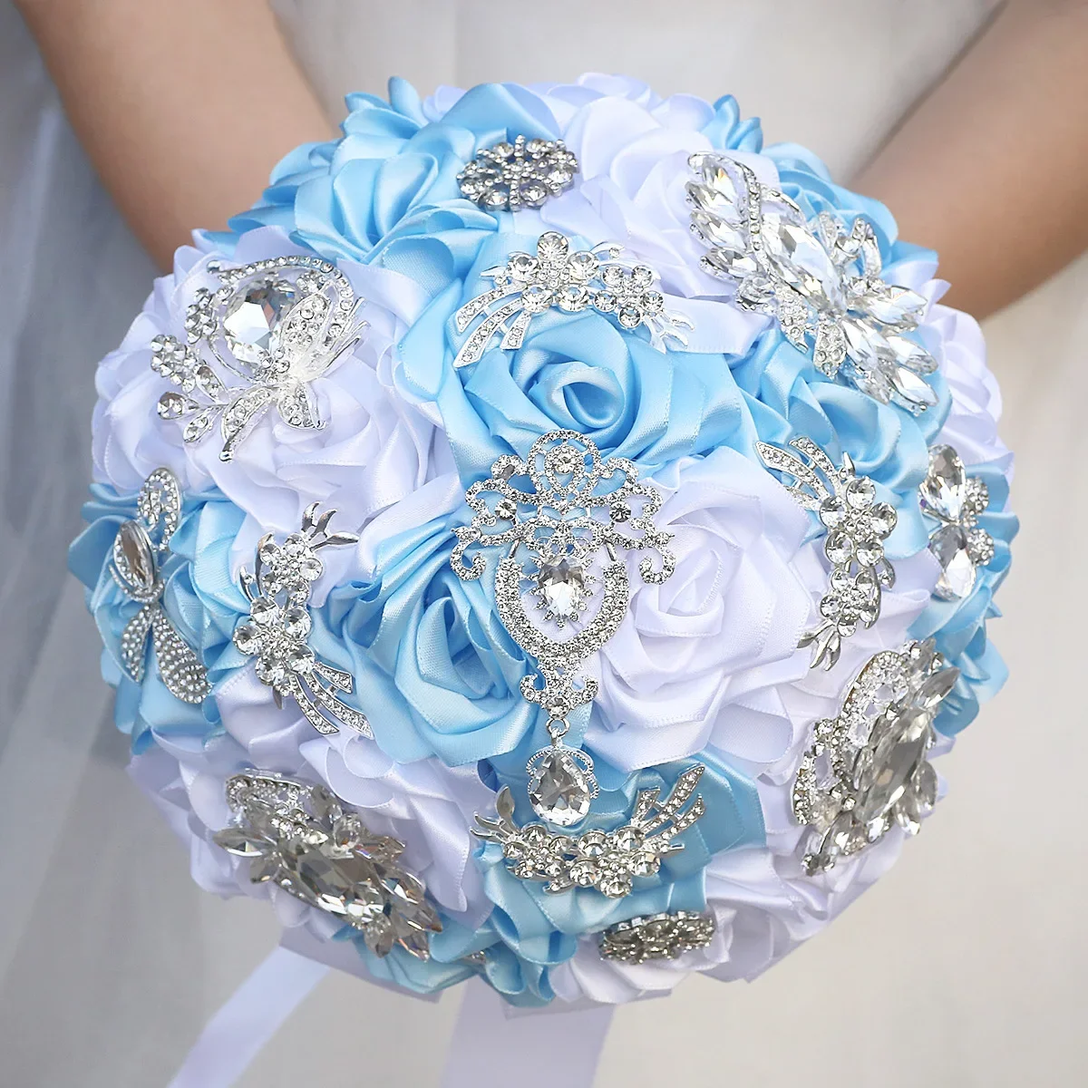YeeNanee White Blue Quinceanera Bouquet with Rhinestones Handmade Satin Rose Flower Bridal Wedding Bouquets for Bride Bridesmaid