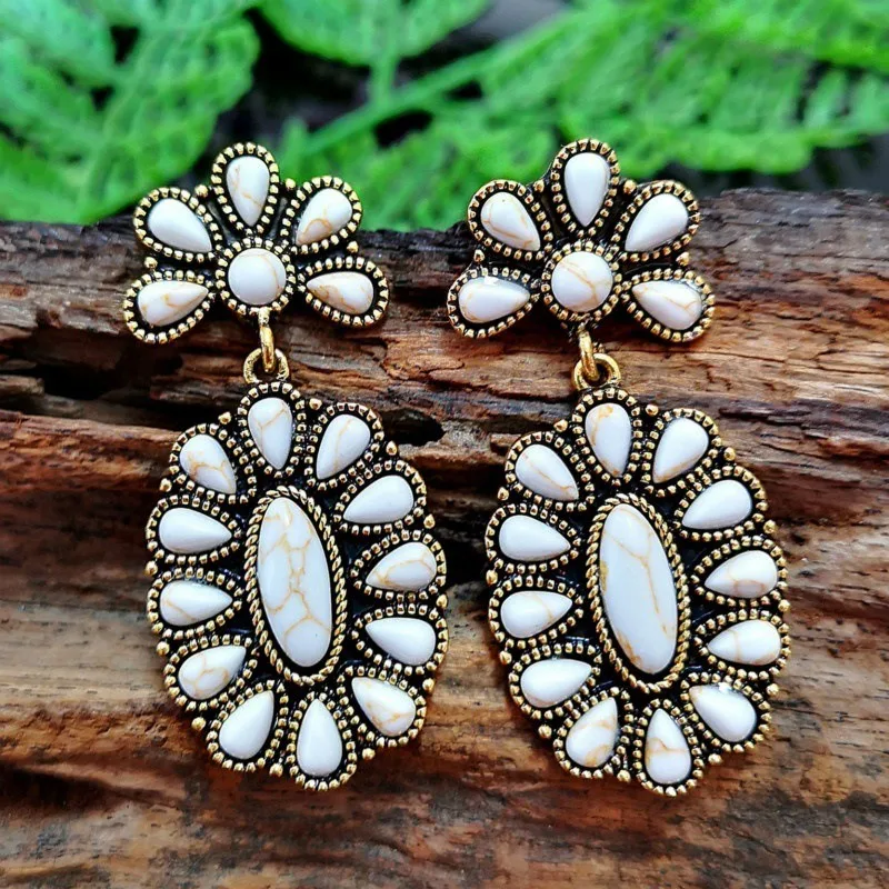BKBK Antique Gold Two Layer White Turquoise Floral Oval Drop Women Earrings Wedding Earrings for Valentine Christmas 4th of July Boho Western Bridal Jewelry for Brides Bridesmaids Adult Ladies Country Party Occasion