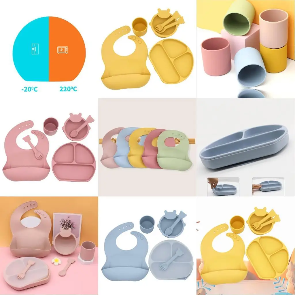 مريلة سيليكون للأطفال مقسمة طبق عشاء وعاء شفط ملعقة شوكة كوب مجموعة أدوات المائدة L8RB #1