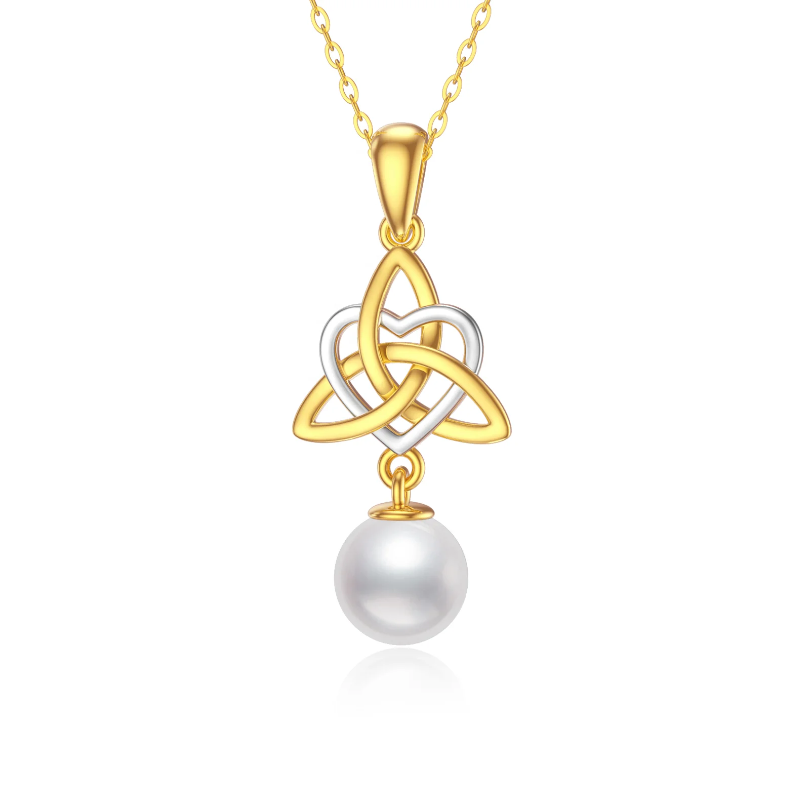 YFN Jewelry 14k Solid Yellow Gold Irish Celtic Knot Pearl Pendant Necklace for Women