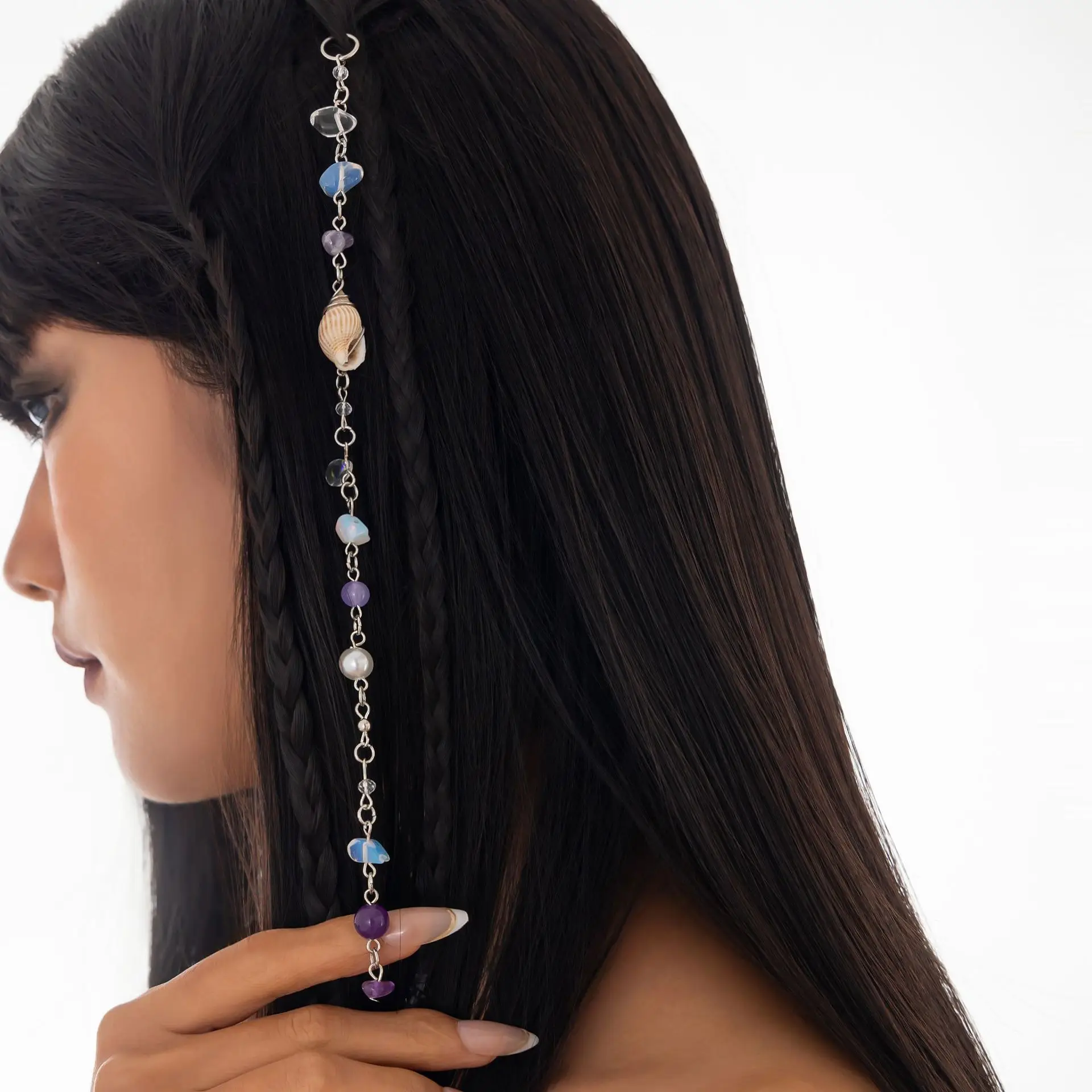 Süße Kühle Wind Unregelmäßige Lange Kette Stein Perle Legierung Geflecht Haar Ring frauen Haar Ring Conch Perle Anhänger Haar Zubehör geschenk