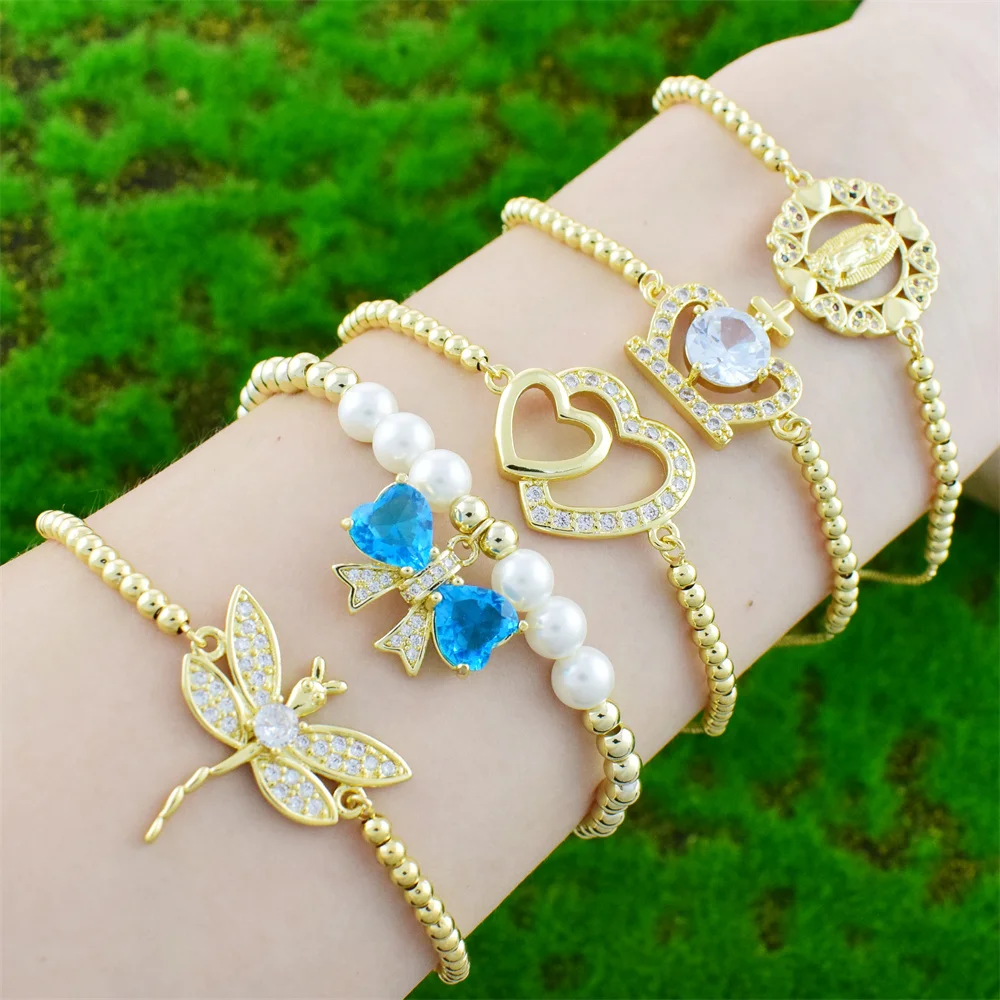 AILINFA New Crown Heart Bow Dragonfly Virgin Mary Zircon Bracelet Gold Bead Chain Adjustable Bracelet Jewelry Wholesale