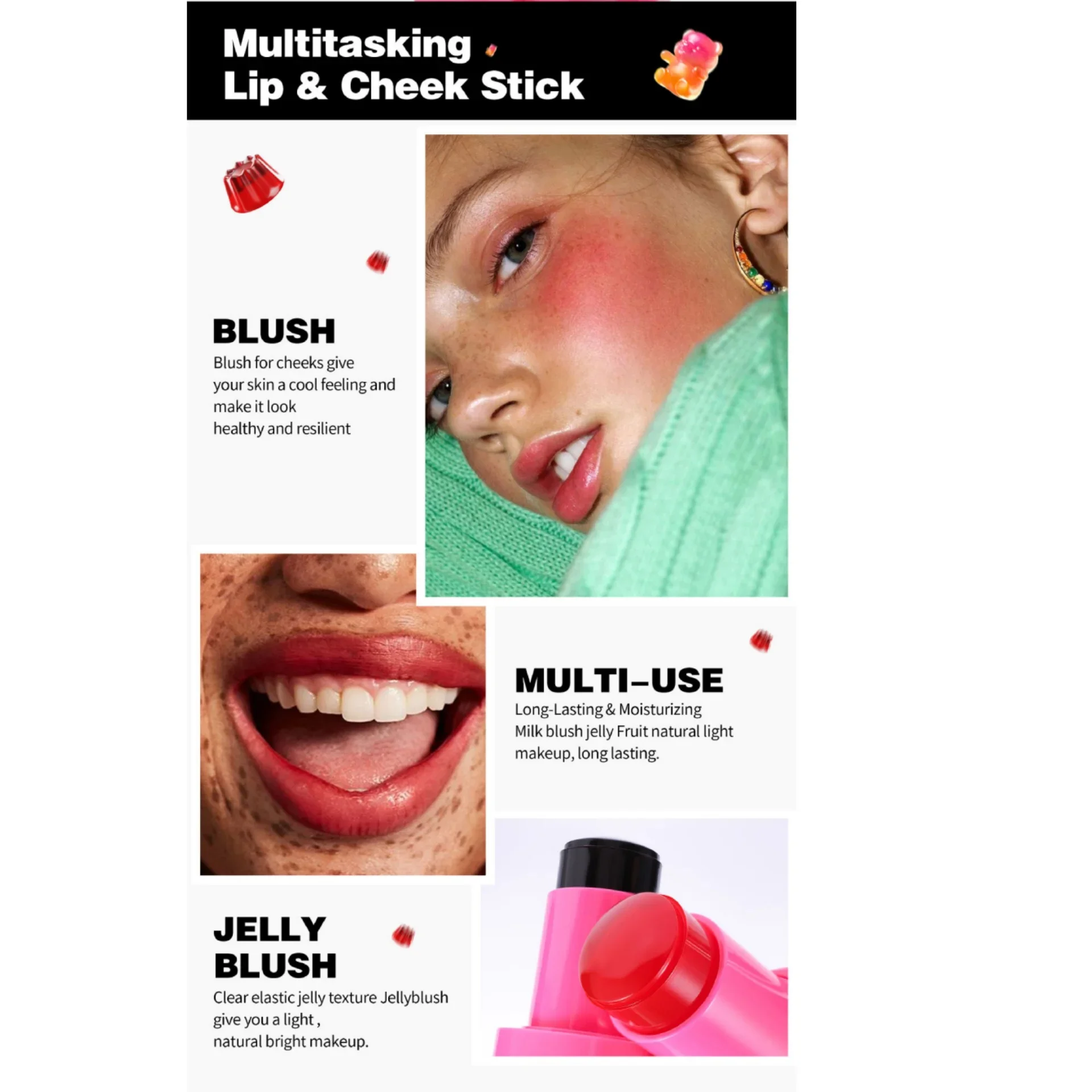 Labbra e guance Jelly Blush Stick Rossetto Gelatina Fard Stick Trucco, Water Jelly Tint Stick, Cosmetici leggeri a lunga durata