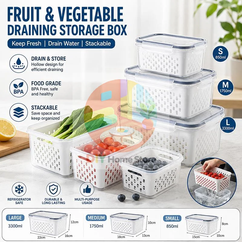 1/3Pcs BPA‑Free Fridge Storage Containers Airtight Lid Drain Basket