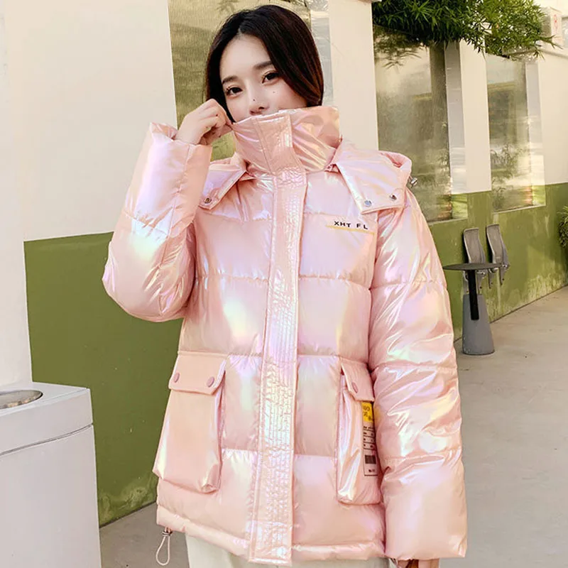 

Hooded Bright Face Women Short Parkas Fashion Elegant High Street Korean Print Warm Coat Winter Female Thicken Casual Jacket